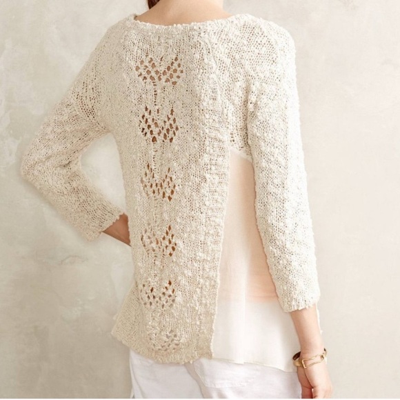 Anthropologie Pointelle Pullover Ivory Tunic Top By Knitted & Knotted Size M - Picture 2 of 7